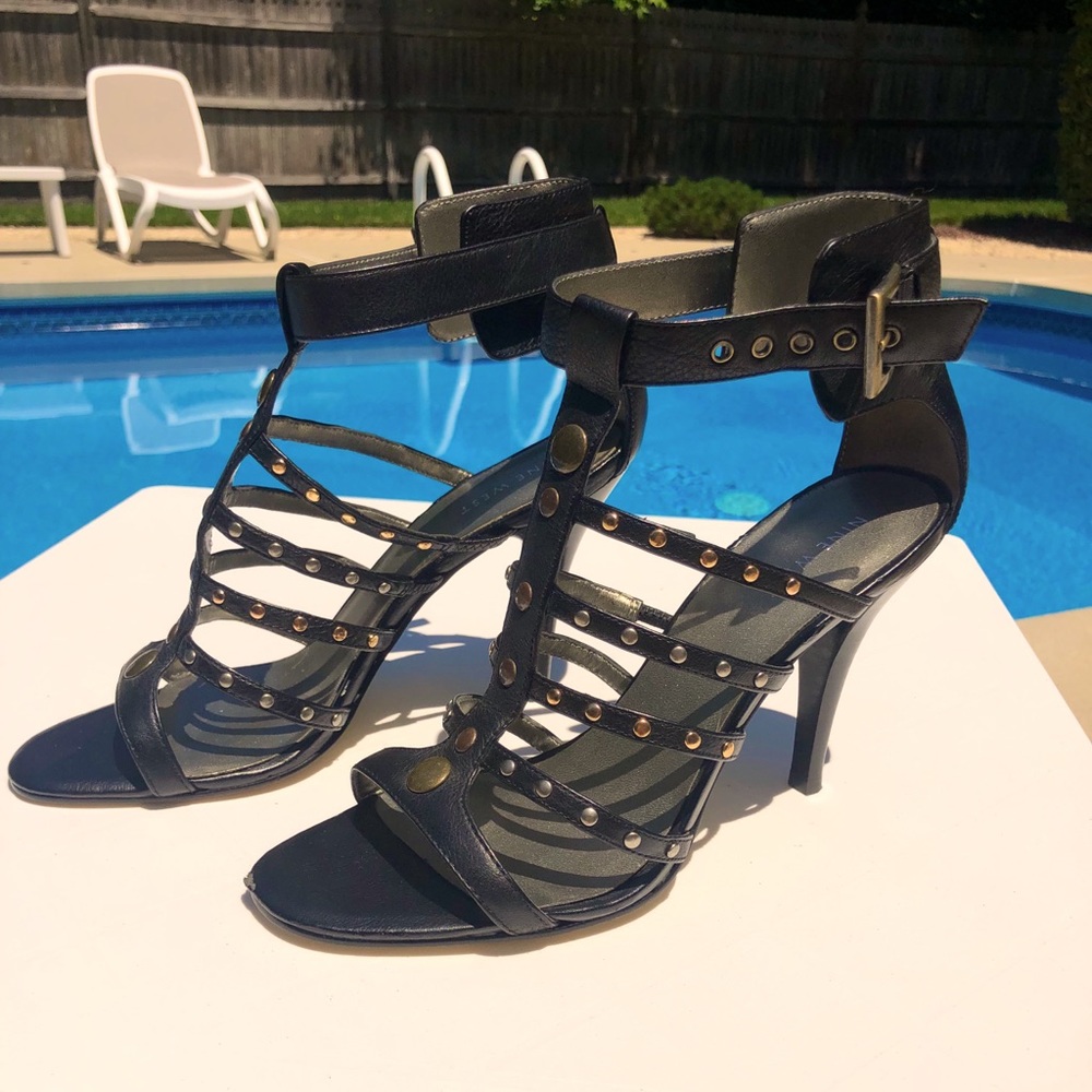 Nine West cage heels - black leather w metal studs